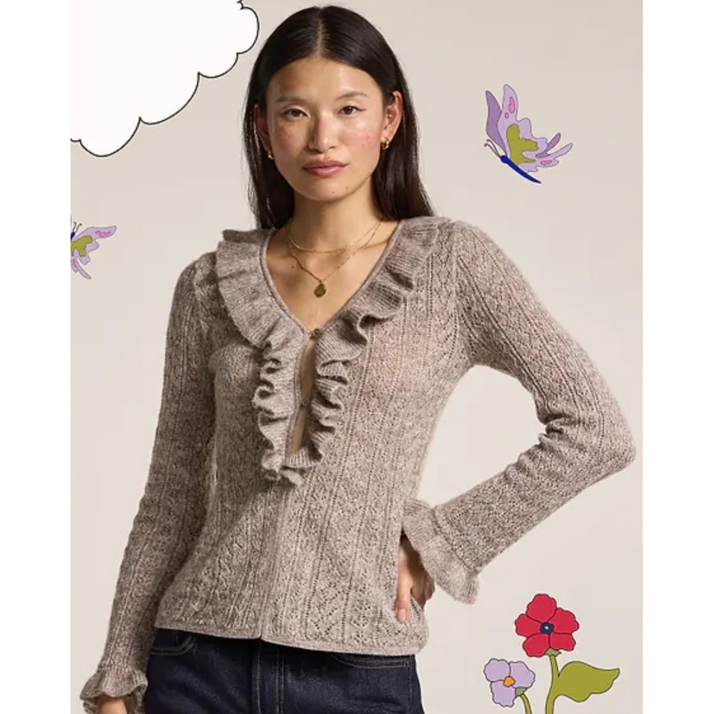 Old Navy x Anna Sui Ruffle Pointelle Knit Cardigan Sweater Taupe Brown Med